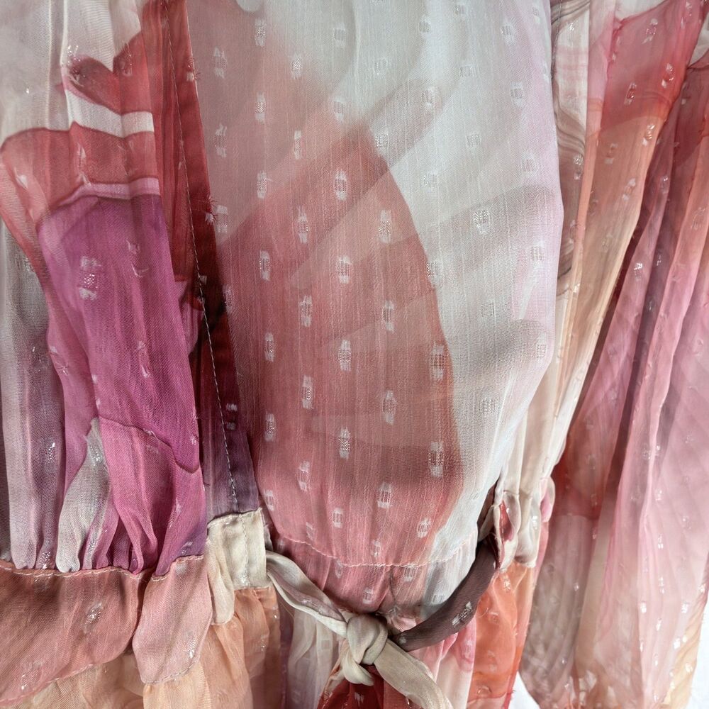 sheer abstract print maxi robe medium swiss dot tiered tie waist balloon sleeve - Picture 5 of 6